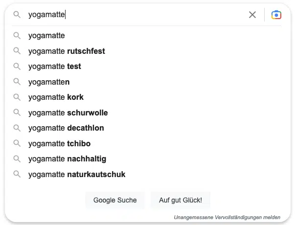 Suggest-Funktion der Suchmaschine Google für das Keyword: "yogamatte".