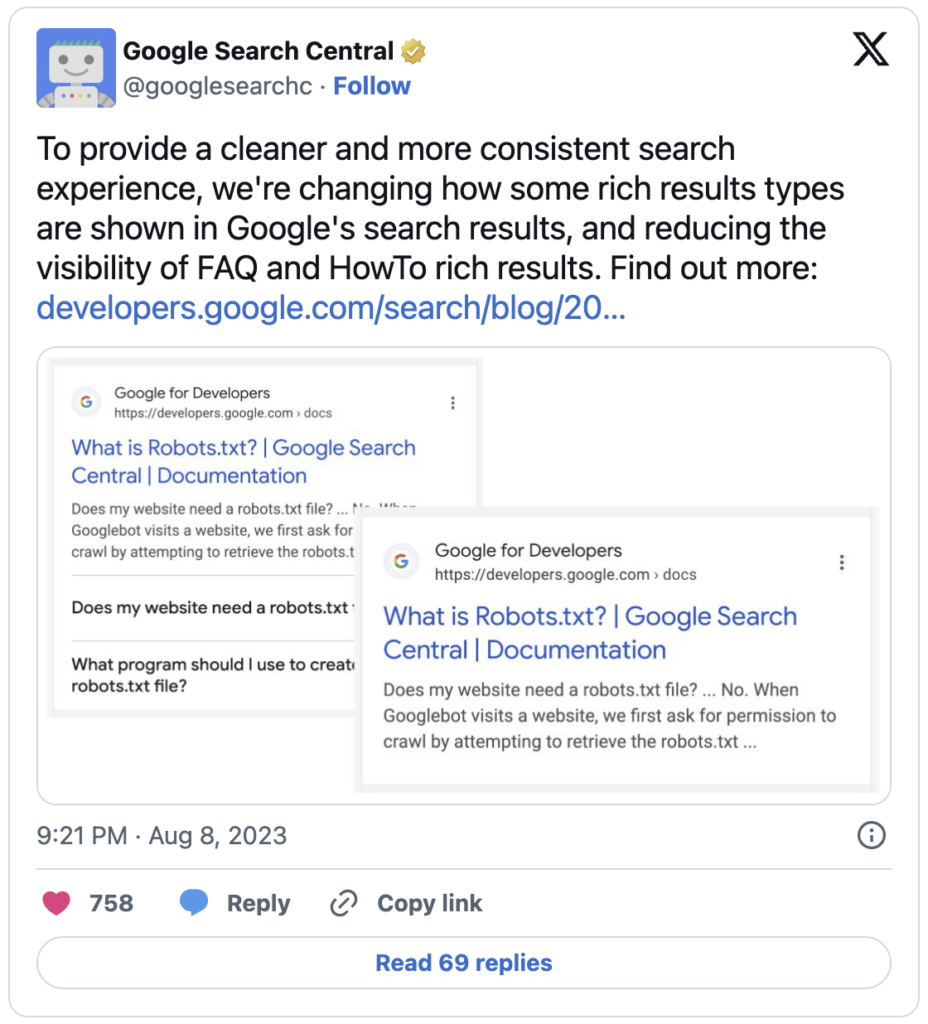 Statement zu der Darstellung der FAQ-Snippets in den SERPs von der Google Search Central.