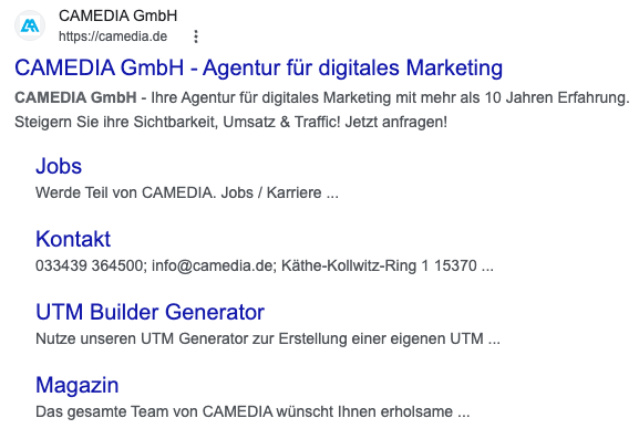 Visualisierung der Sitelinks von der CAMEDIA GmbH, ein SERP Feature von Google und Bing.